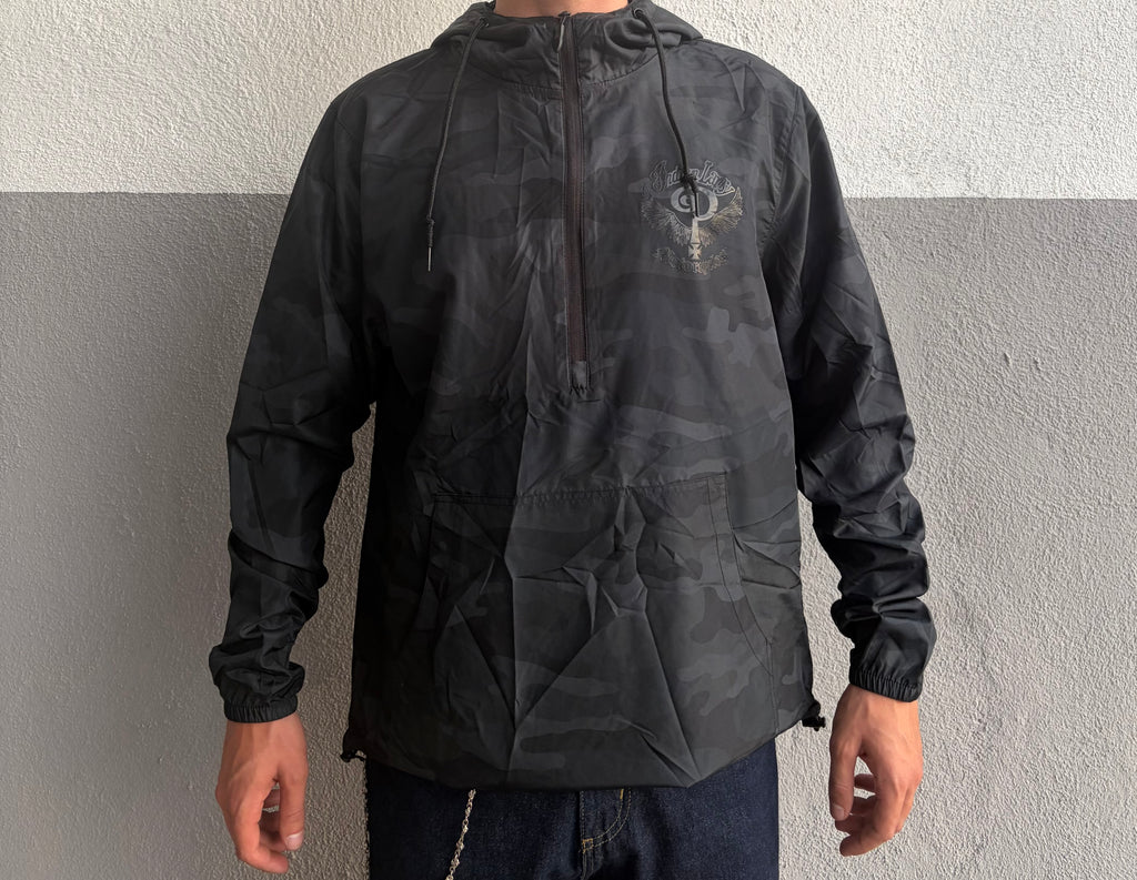Front of Indian Larry dark camouflage hooded pullover windbreaker