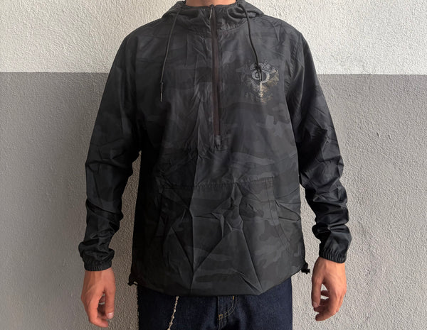Front of Indian Larry dark camouflage hooded pullover windbreaker