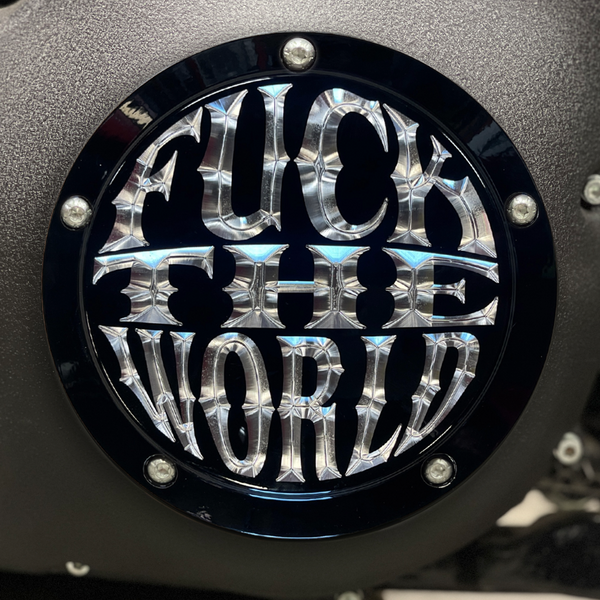 Fuck The World Twin Cam Derby Cover - Gloss Black + Aluminum