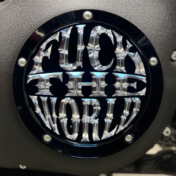 Fuck The World Twin Cam Derby Cover Gloss Black Aluminum
