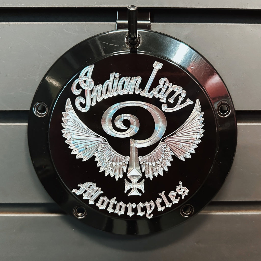 Indian Larry Logo M8 Softail Derby Cover - Gloss Black and Aluminum