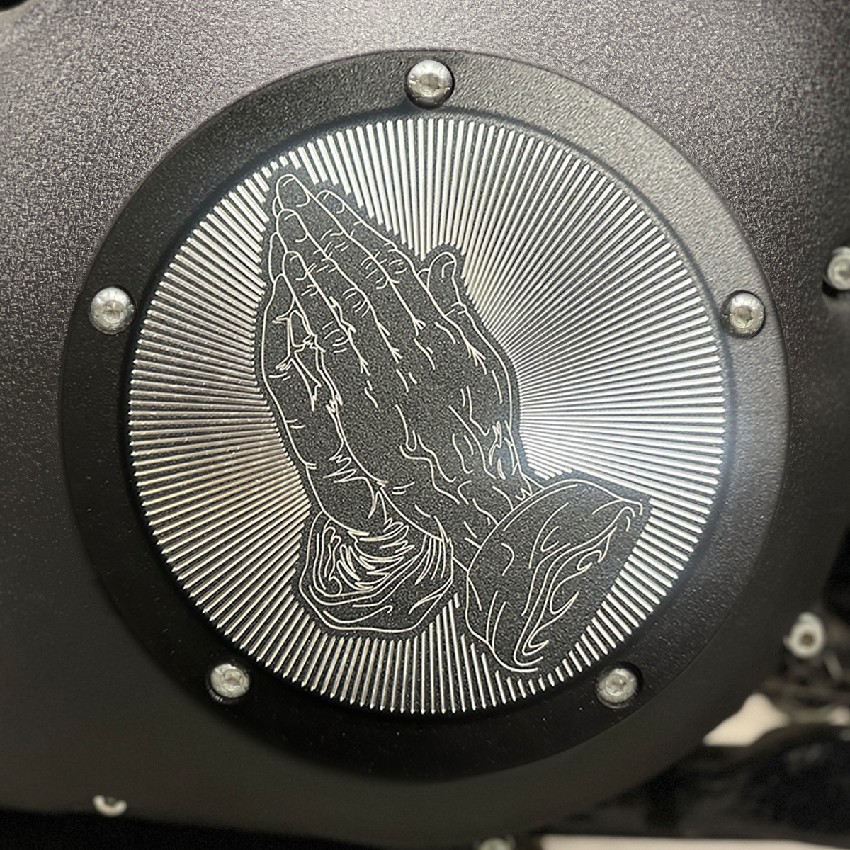 Praying Hands Twin Cam Derby Cover - Black + Aluminum
