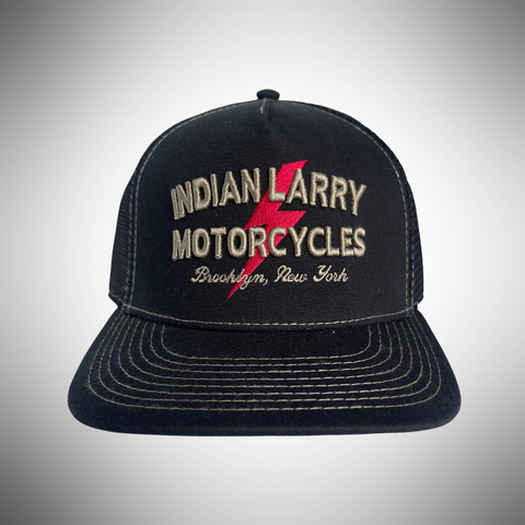 Indian Larry Lightning Bolt Trucker Hat - Black, Cream + Red